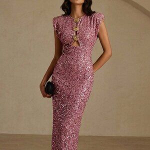 Pink Luxurious Women's Velvet Sequin Shoulder Long Dress with Metal Buckle Waist